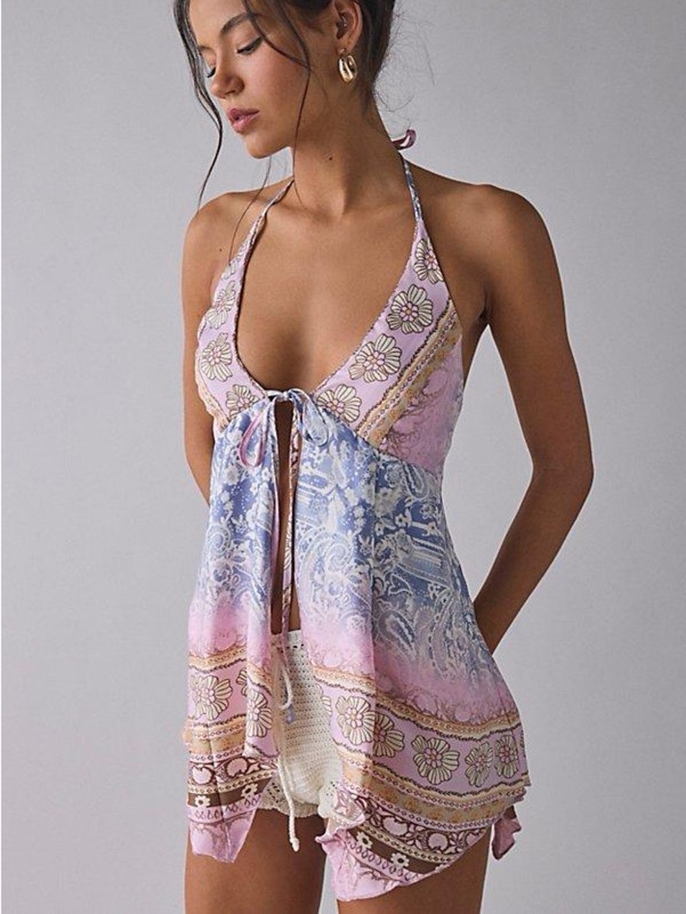 NWT UO Catie Halter Split Front Flyaway Tunic Top Pink Multi S